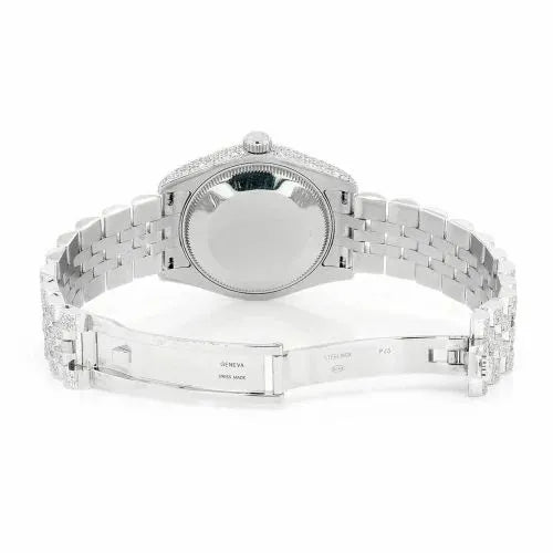 Datejust Style Full Iced Automatic Chronograph Watch Silver Stainless Steel with Black Diamond Dial