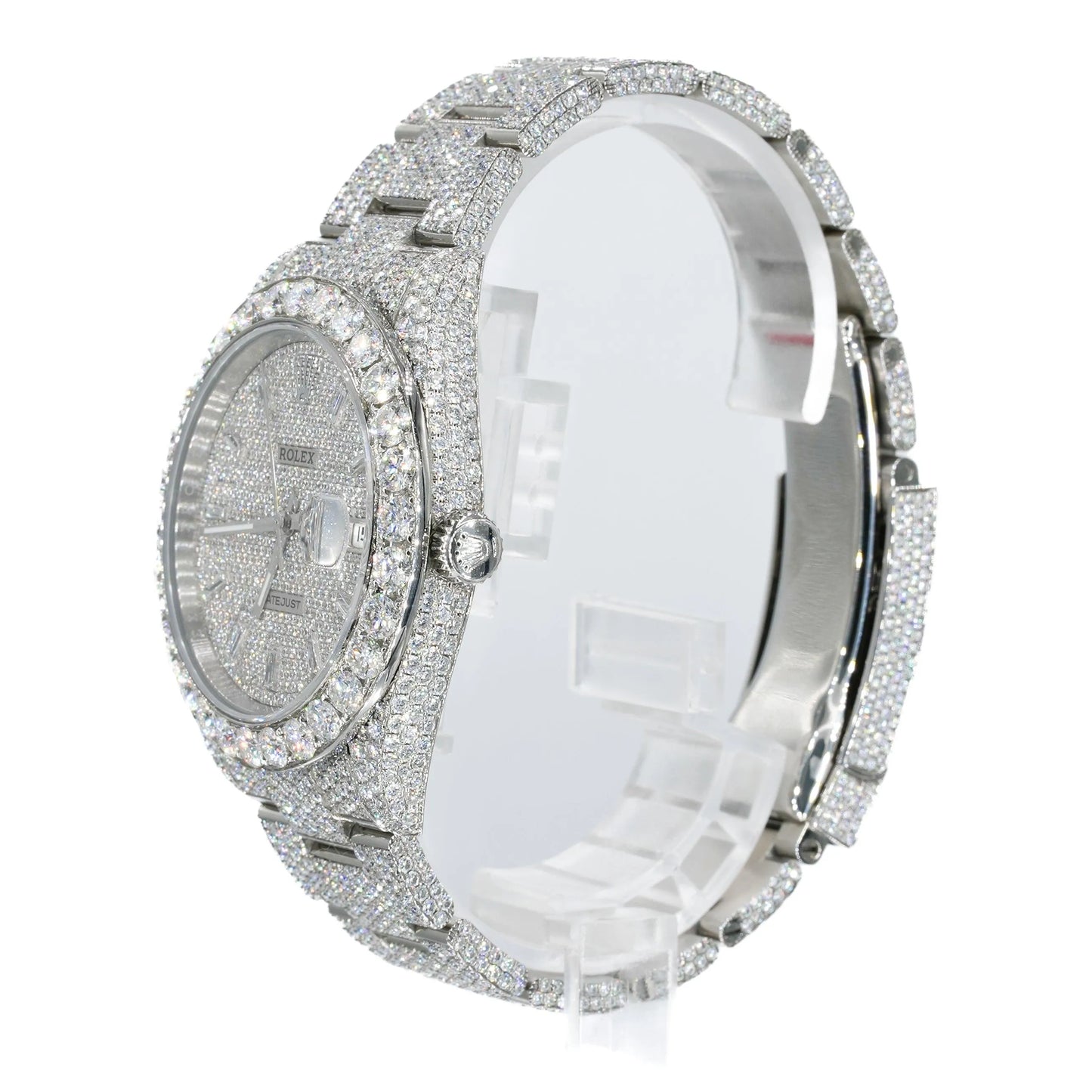 Datejust Style Full Iced Automatic Chronograph Watch Silver Stainless Steel with Ice White Diamond Dial