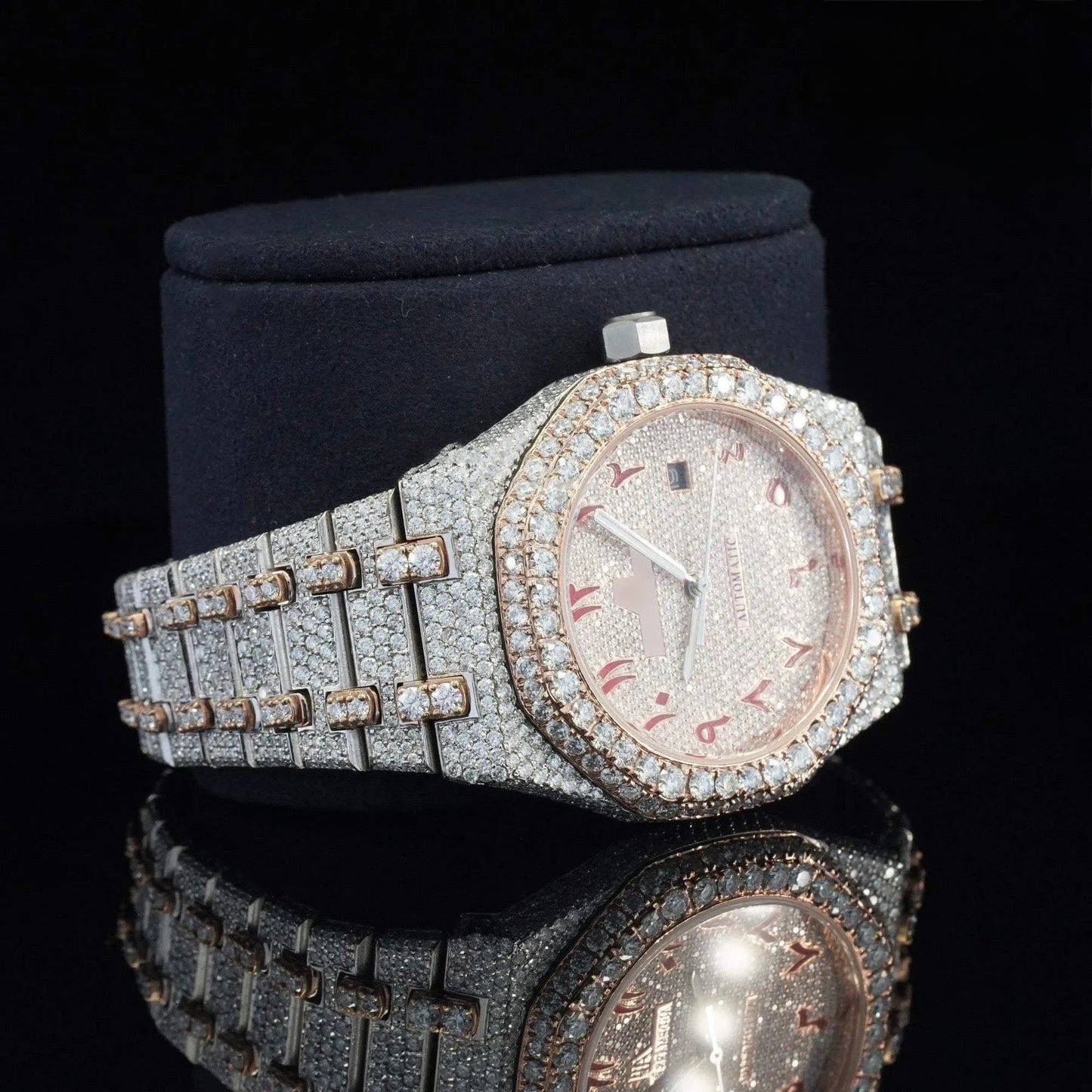 Ruby Emblem Iced Automatic Watch – Luxury Rose Halo Full Iced Stainless Steel Timepiece
