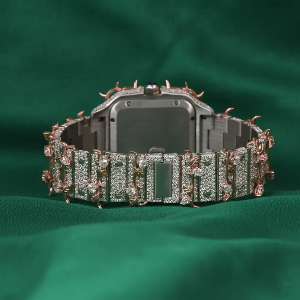 Hip Hop Rose Gold Spiked Fully Iced Square Watch Roman Numeral Dial Luxury Custom Statement Timepiece