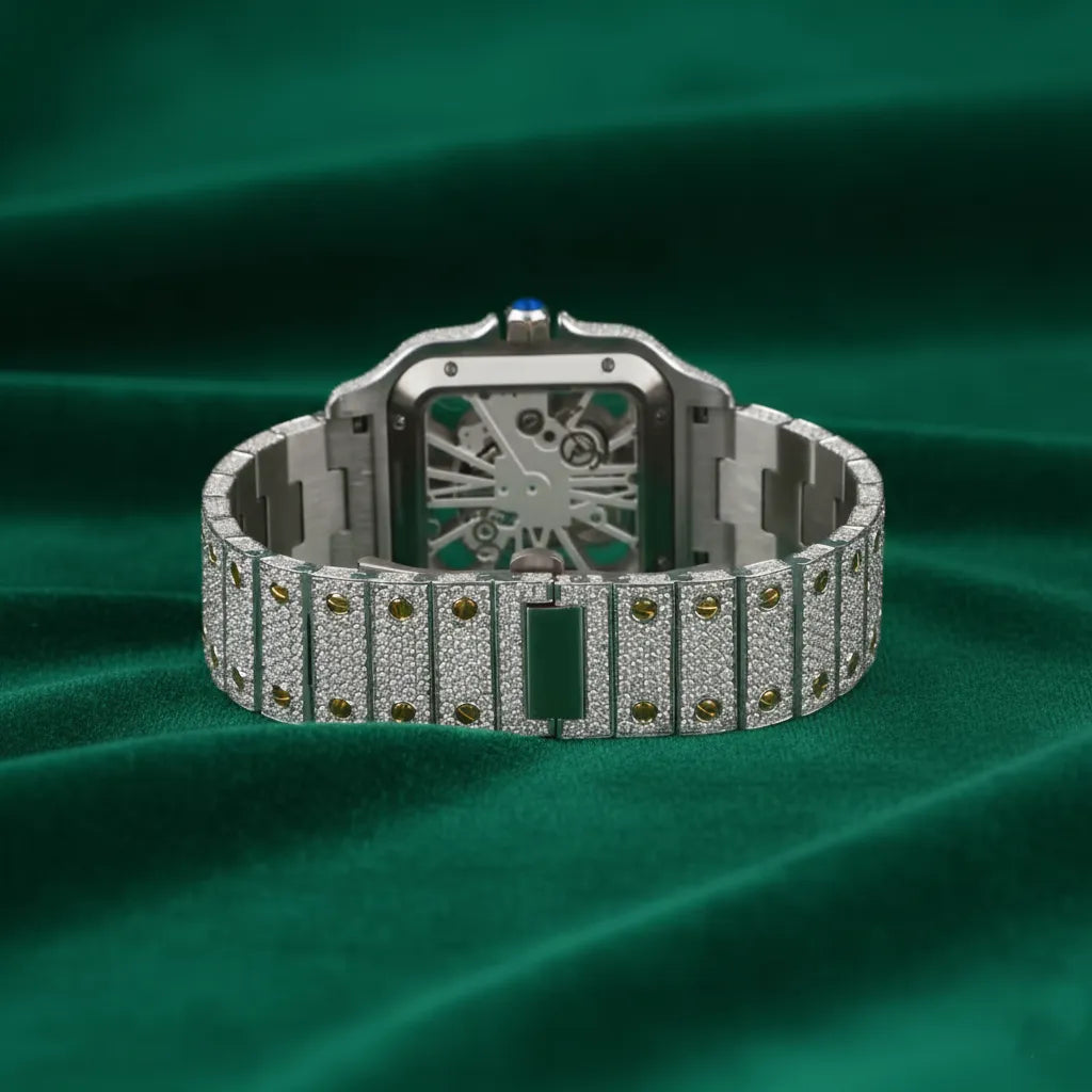Santos–Style Two-Tone Fully Iced Skeleton Square Watch Diamond Bezel Luxury Automatic Timepiece