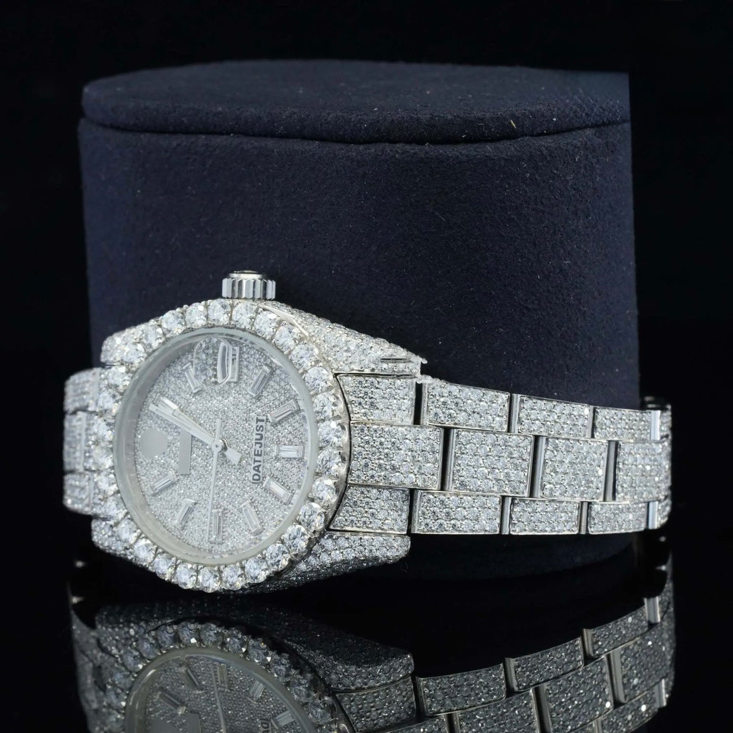 Day-Date Style Full Iced Automatic Chronograph Watch Silver Stainless Steel with Ice White Roman Dial