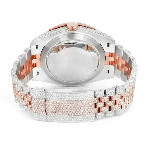 Datejust Style Two-Tone Full Iced Automatic Chronograph Watch Rose Gold & Silver Stainless Steel Chocolate Diamond Dial