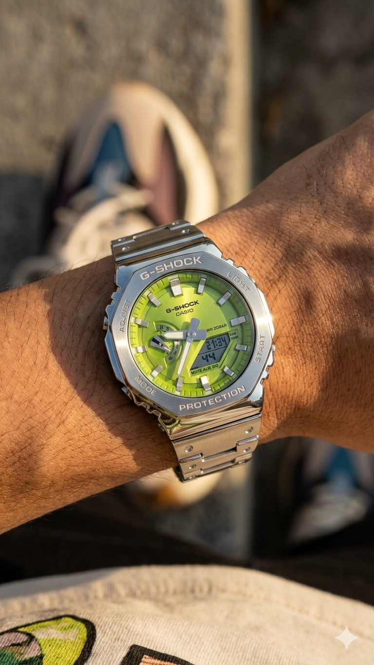 Custom Steel Green Dial G-Shock Style Watch Luxury Metal Build