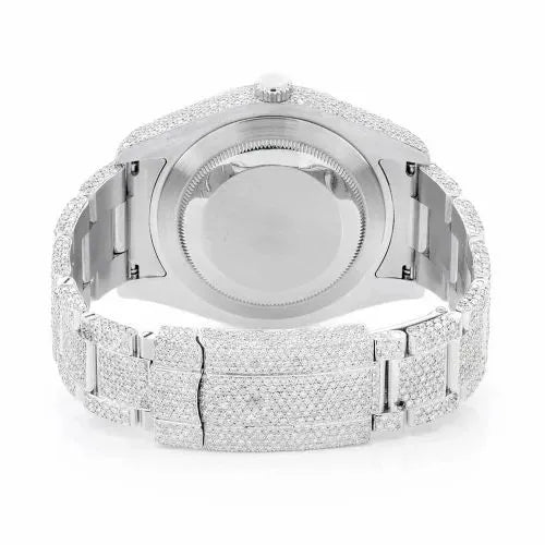 Datejust Style Full Iced Automatic Chronograph Watch Silver Stainless Steel with Ruby Red Diamond Dial