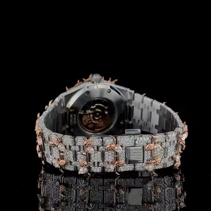 Luxury Crown Design Full Iced Automatic Watch Rose Gold Stainless Steel Sapphire Crystal Waterproof Timepiece