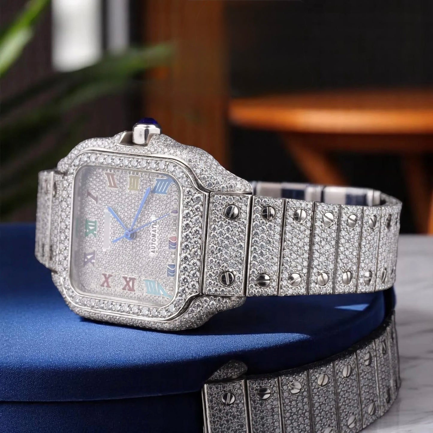 Luxury Full Iced Automatic Square Watch Stainless Steel Silver Tone Roman Dial Sapphire Crystal Waterproof Timepiece