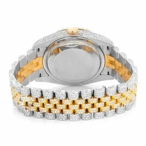 Datejust Style Two-Tone Full Iced Automatic Chronograph Watch Yellow Gold & Silver Stainless Steel Royal Blue Diamond Dial