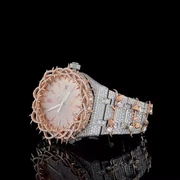 Luxury Crown Design Full Iced Automatic Watch Rose Gold Stainless Steel Sapphire Crystal Waterproof Timepiece