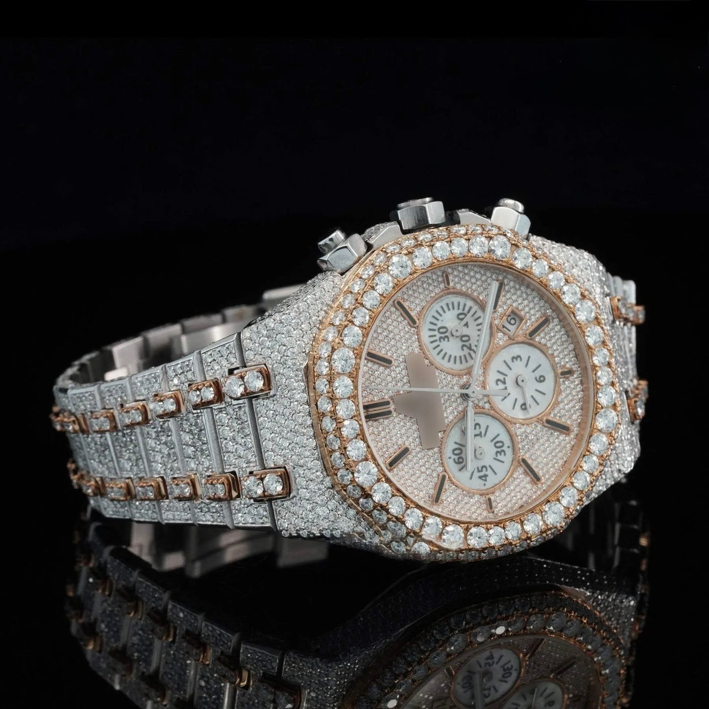 Chronos Elite Iced Automatic Chronograph Watch – Luxury Rose Halo Full Iced Stainless Steel Timepiece