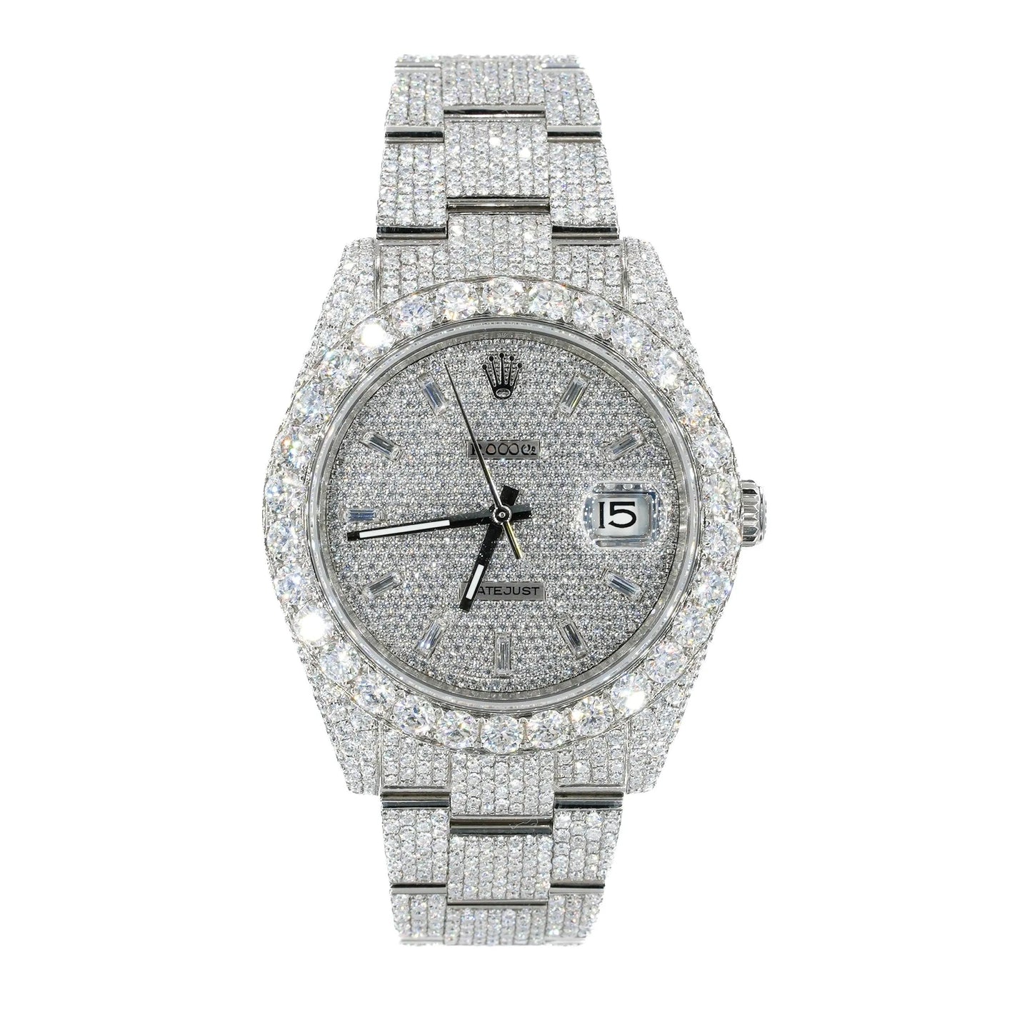 Datejust Style Full Iced Automatic Chronograph Watch Silver Stainless Steel with Ice White Diamond Dial