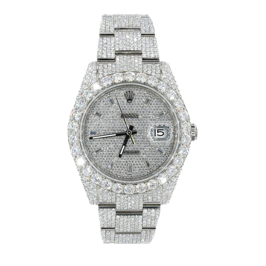Datejust Style Full Iced Automatic Chronograph Watch Silver Stainless Steel with Ice White Diamond Dial