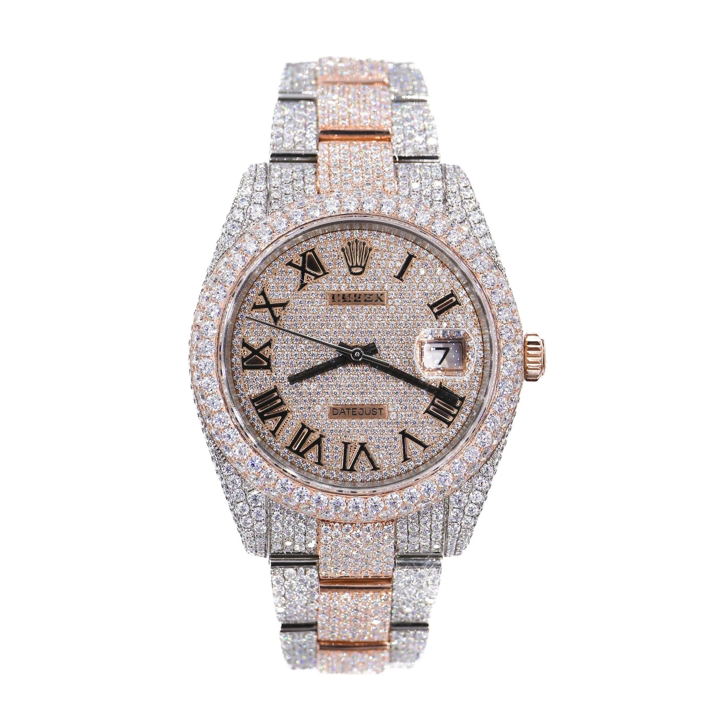 Day-Date Style Two-Tone Full Iced Automatic Chronograph Watch Rose Gold & Silver Stainless Steel Roman Dial
