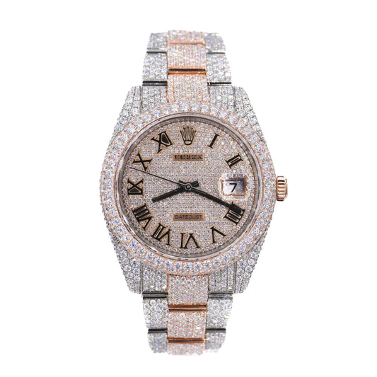 Day-Date Style Two-Tone Full Iced Automatic Chronograph Watch Rose Gold & Silver Stainless Steel Roman Dial