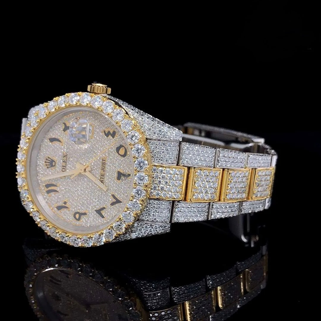 Luxury Two-Tone Fully Iced Automatic Stainless Steel Watch Arabic Numeral Dial Diamond Bezel Premium