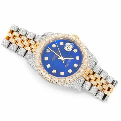 Datejust Style Two-Tone Full Iced Automatic Chronograph Watch Yellow Gold & Silver Stainless Steel Royal Blue Diamond Dial