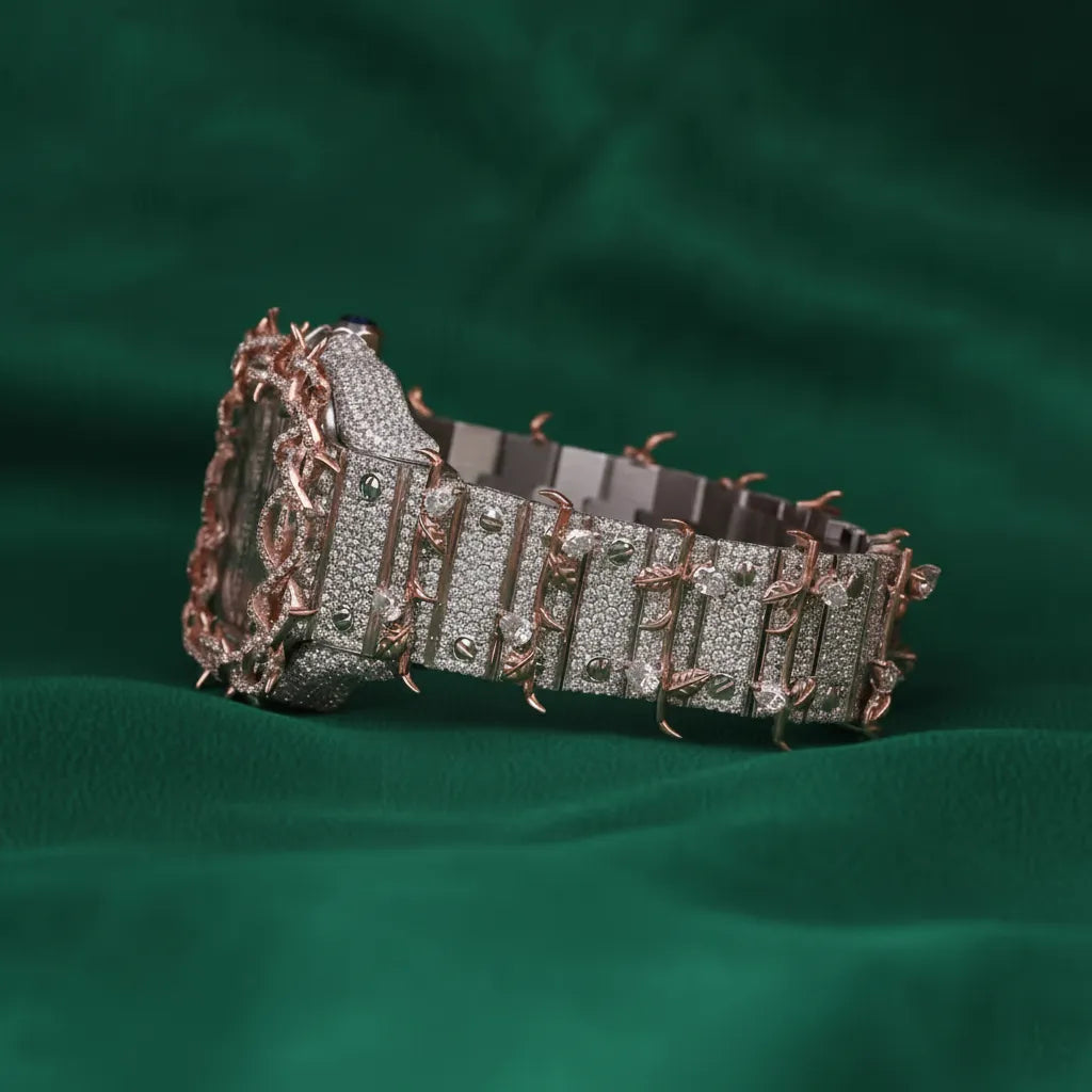 Hip Hop Rose Gold Spiked Fully Iced Square Watch Roman Numeral Dial Luxury Custom Statement Timepiece
