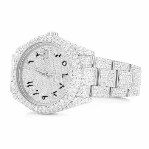Day-Date Style Full Iced Automatic Chronograph Watch Silver Stainless Steel with Ice White Arabic Dial