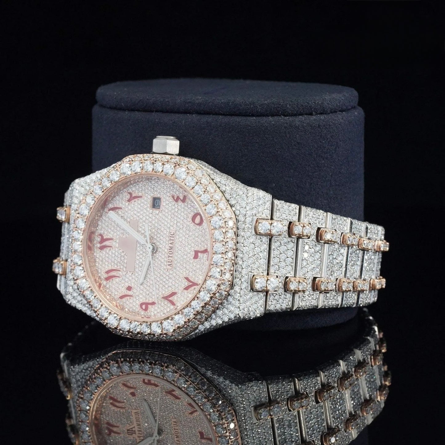 Ruby Emblem Iced Automatic Watch – Luxury Rose Halo Full Iced Stainless Steel Timepiece