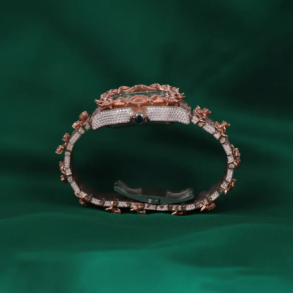 Hip Hop Rose Gold Spiked Fully Iced Square Watch Roman Numeral Dial Luxury Custom Statement Timepiece