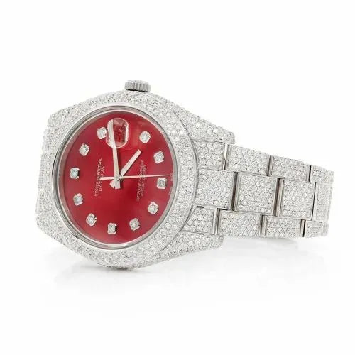 Datejust Style Full Iced Automatic Chronograph Watch Silver Stainless Steel with Ruby Red Diamond Dial