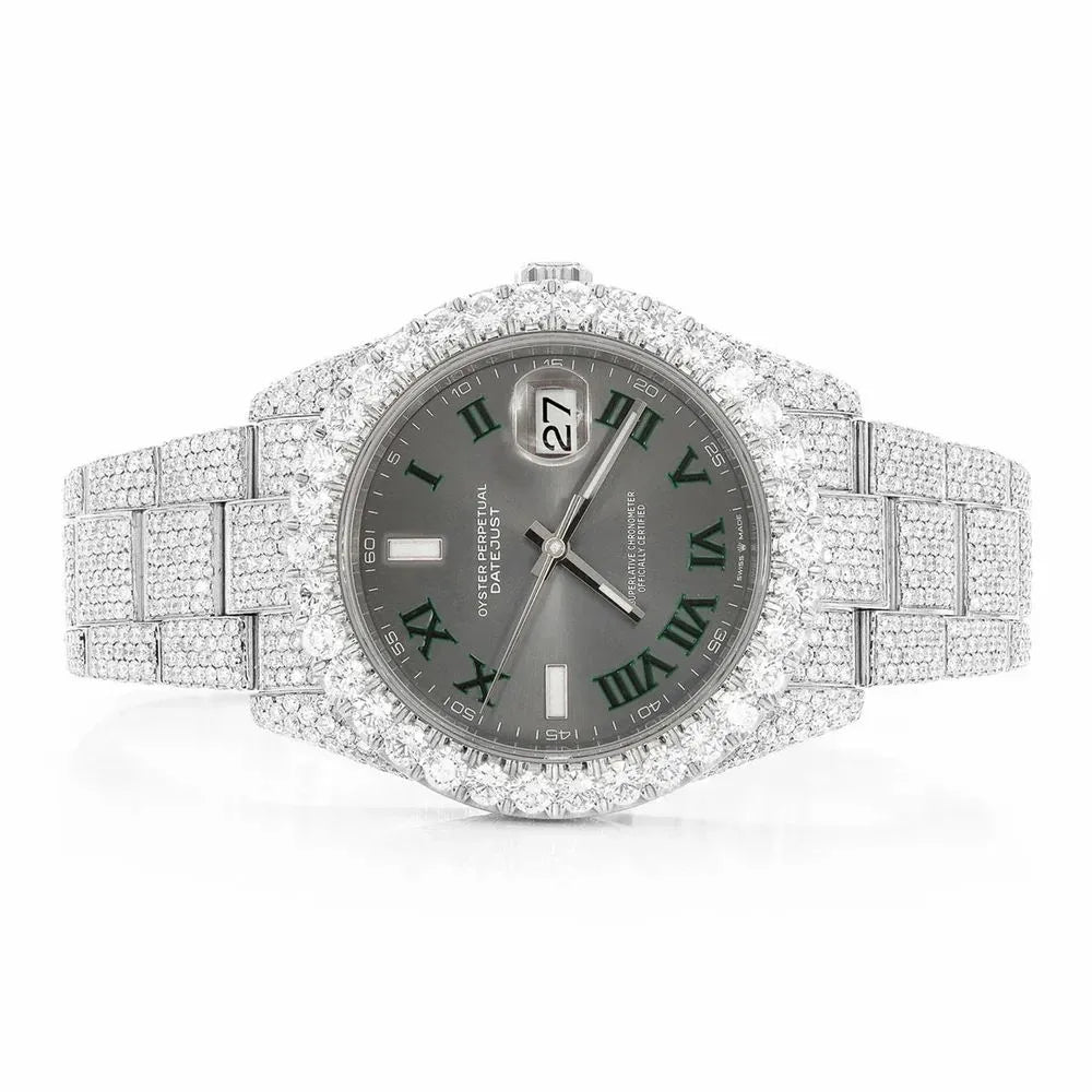 Day-Date Style Full Iced Automatic Chronograph Watch Silver Stainless Steel with Slate Grey Roman Dial