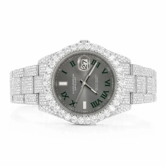 Day-Date Style Full Iced Automatic Chronograph Watch Silver Stainless Steel with Slate Grey Roman Dial