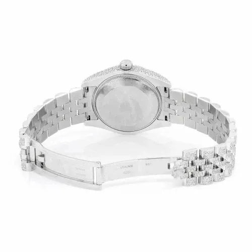 Datejust Style Full Iced Automatic Chronograph Watch Silver Stainless Steel with Ice Blue Diamond Dial