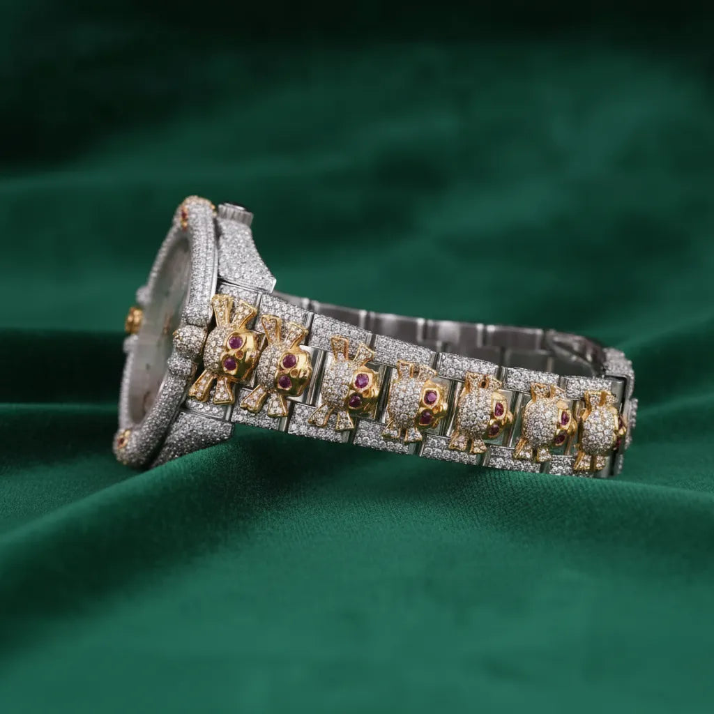 Luxury Fully Iced Automatic Stainless Steel Watch Decorative Bracelet Pavé Diamond-Look Statement Timepiece