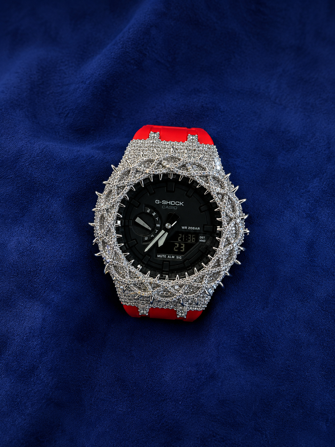Custom Moissanite G-SHOCK Mod Watch Red Band Iced Out VVS Moissanite Bezel Luxury Watch