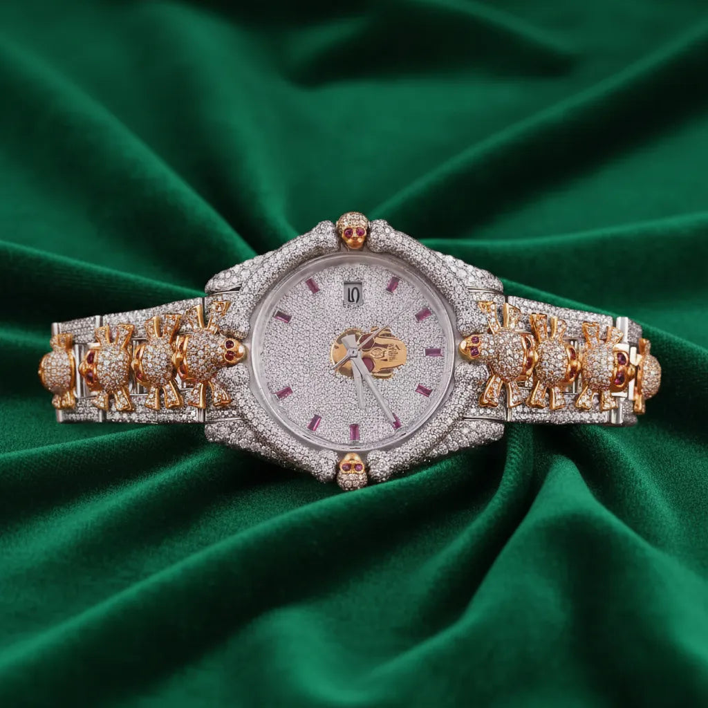 Luxury Fully Iced Automatic Stainless Steel Watch Decorative Bracelet Pavé Diamond-Look Statement Timepiece