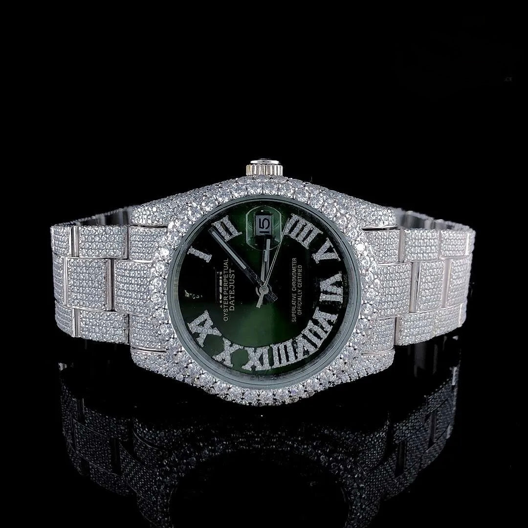 Day-Date Style Full Iced Automatic Chronograph Watch Silver Stainless Steel with Emerald Green Roman Dial