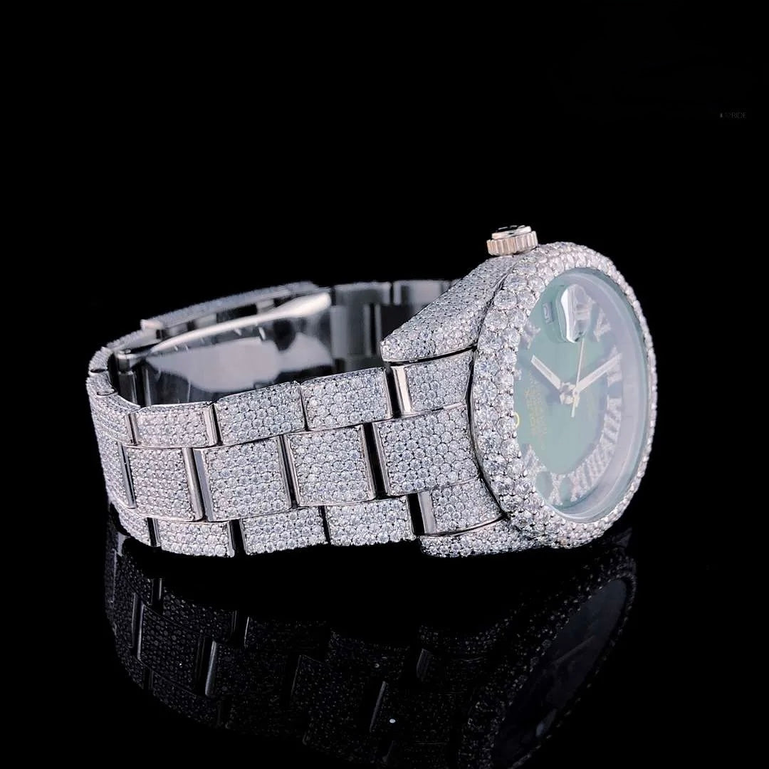 Day-Date Style Full Iced Automatic Chronograph Watch Silver Stainless Steel with Emerald Green Roman Dial
