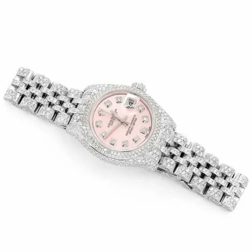 Datejust Style Full Iced Automatic Chronograph Watch Silver Stainless Steel with Pink Diamond Dial