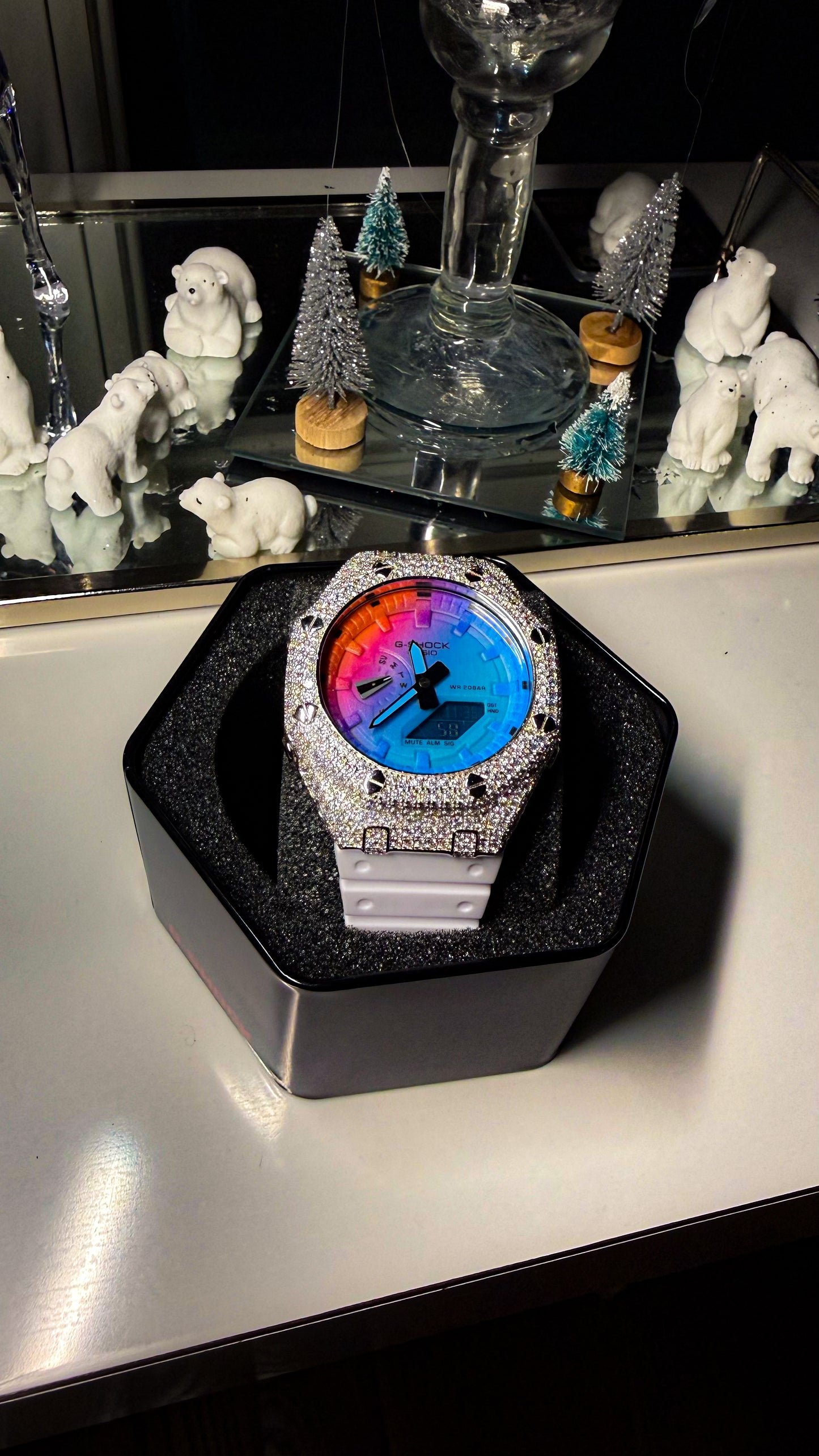 Custom Rainbow Dial Moissanite G-Shock GA-2100 | Iced AP Bezel