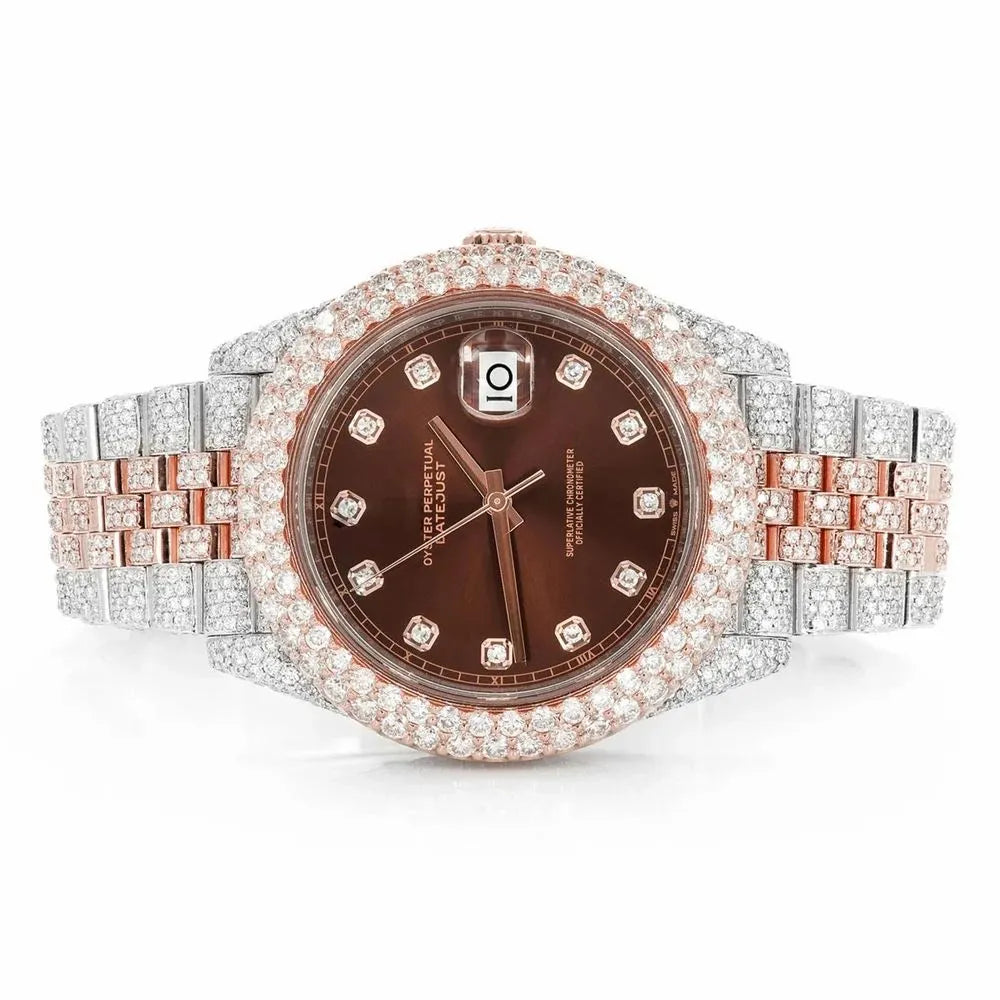Datejust Style Two-Tone Full Iced Automatic Chronograph Watch Rose Gold & Silver Stainless Steel Chocolate Diamond Dial
