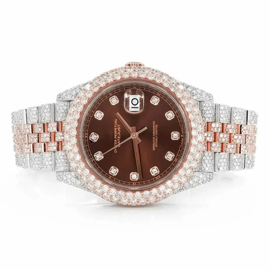 Datejust Style Two-Tone Full Iced Automatic Chronograph Watch Rose Gold & Silver Stainless Steel Chocolate Diamond Dial
