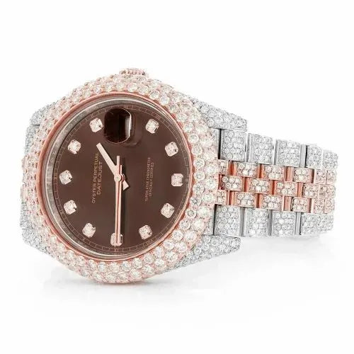Datejust Style Two-Tone Full Iced Automatic Chronograph Watch Rose Gold & Silver Stainless Steel Chocolate Diamond Dial