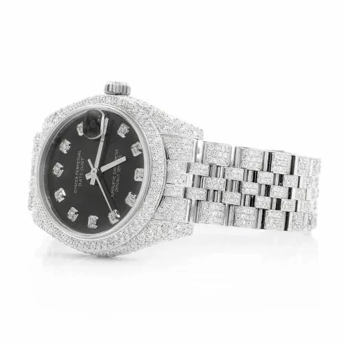 Datejust Style Full Iced Automatic Chronograph Watch Silver Stainless Steel with Black Diamond Dial