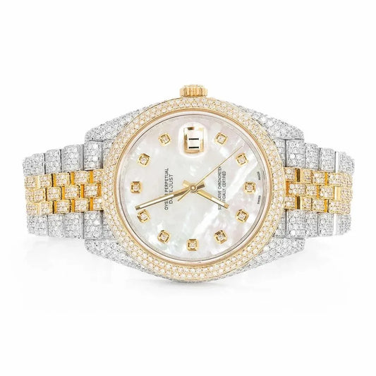 Datejust Style Two-Tone Full Iced Automatic Chronograph Watch Yellow Gold & Silver Stainless Steel White Diamond Dial