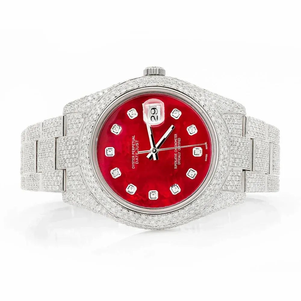 Datejust Style Full Iced Automatic Chronograph Watch Silver Stainless Steel with Ruby Red Diamond Dial