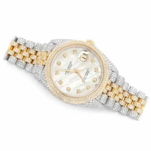 Datejust Style Two-Tone Full Iced Automatic Chronograph Watch Yellow Gold & Silver Stainless Steel White Diamond Dial