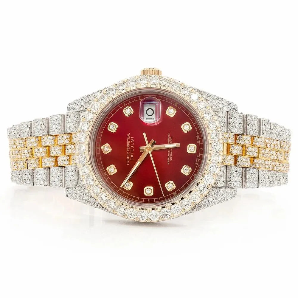 Date just Style Two-Tone Full Iced Automatic Chronograph Watch Yellow Gold & Silver Stainless Steel Ruby Red Diamond Dial
