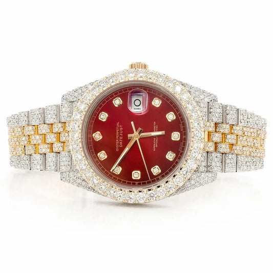 Date just Style Two-Tone Full Iced Automatic Chronograph Watch Yellow Gold & Silver Stainless Steel Ruby Red Diamond Dial