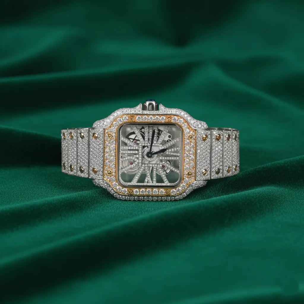 Santos–Style Two-Tone Fully Iced Skeleton Square Watch Diamond Bezel Luxury Automatic Timepiece