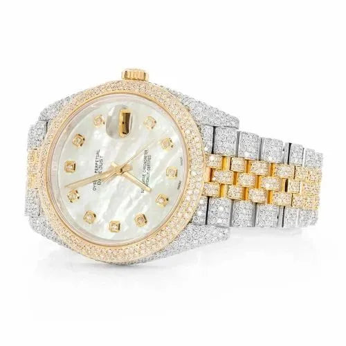 Datejust Style Two-Tone Full Iced Automatic Chronograph Watch Yellow Gold & Silver Stainless Steel White Diamond Dial