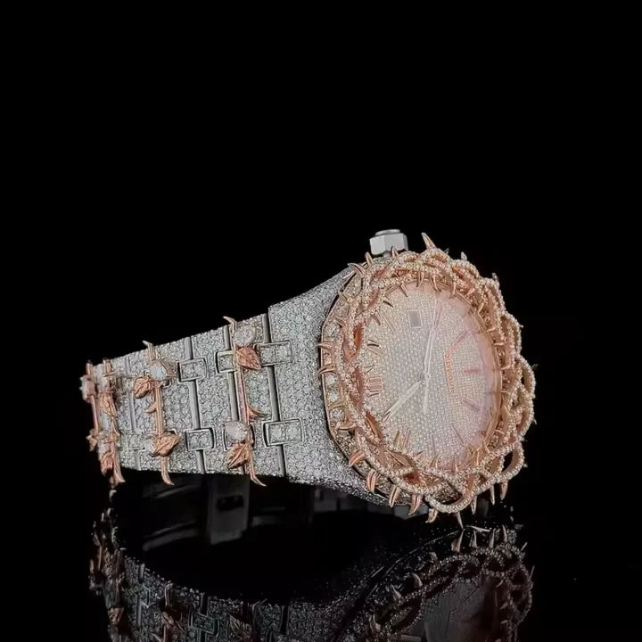 Luxury Crown Design Full Iced Automatic Watch Rose Gold Stainless Steel Sapphire Crystal Waterproof Timepiece
