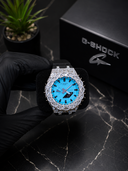 Fully customized Iced out G Shock mossanite bezel￼