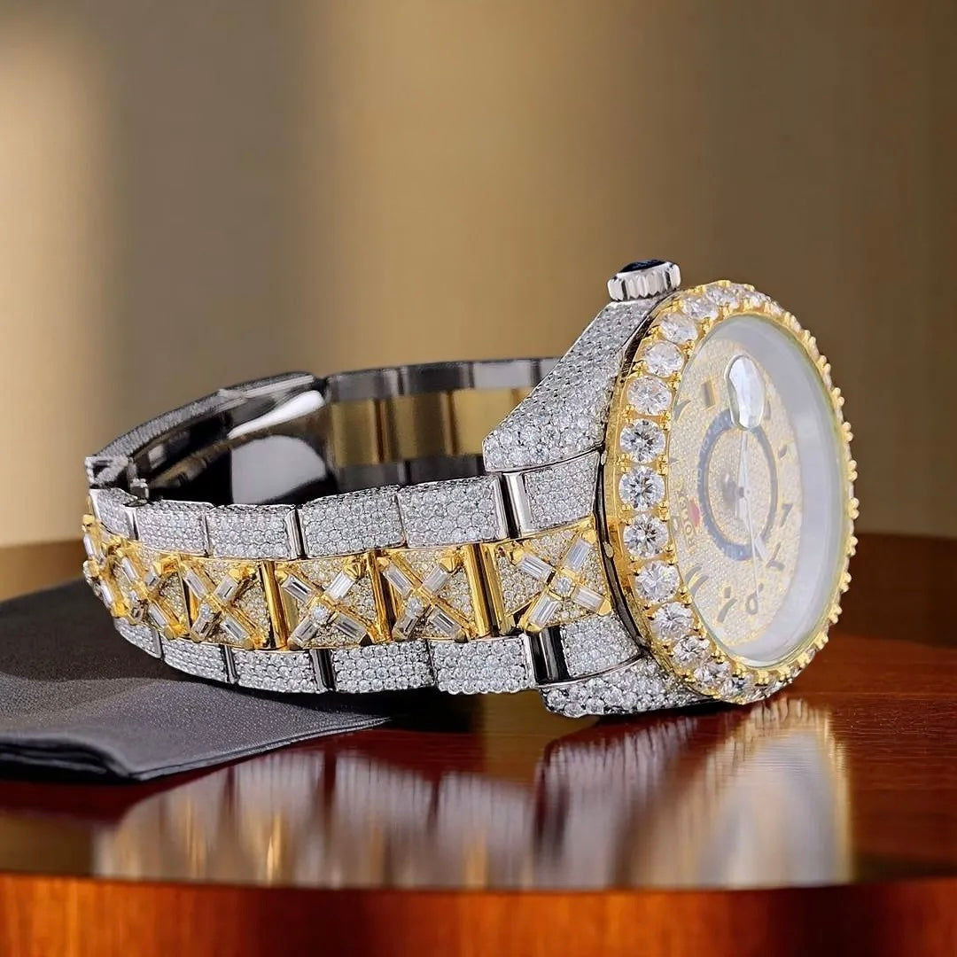 Fully Iced Out VVS Moissanite Men’s Watch, 42mm Dial, Baguette & Round Diamonds Stainless Steel