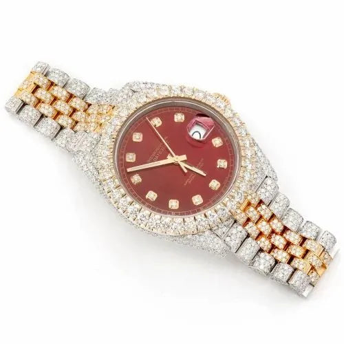 Date just Style Two-Tone Full Iced Automatic Chronograph Watch Yellow Gold & Silver Stainless Steel Ruby Red Diamond Dial